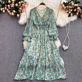 V-neck Floral Chiffon Long-sleeve Dress