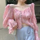 Puff-sleeve Ruched Chiffon Top