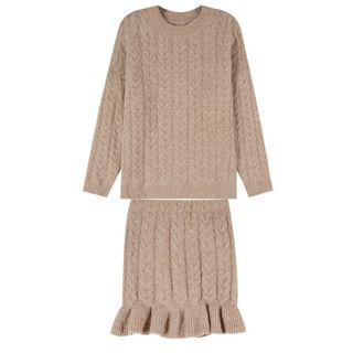 Set: Crew-neck Cable-knit Sweater + Ruffle Hem Knit Skirt