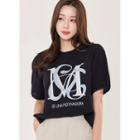 Round-neck Letter-print Top Black - One Size