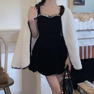 Spaghetti Strap Rhinestone Mini A-line Dress Black - One Size