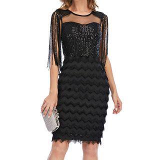 Fringed Sequined Mesh Panel Mini Bodycon Dress