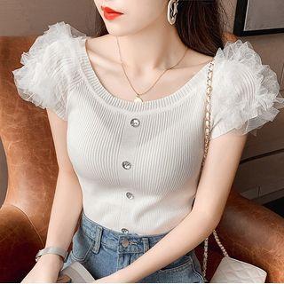 Ruffled Mesh Panel Knit Crop Top