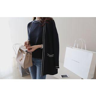 Set: Open-front Contrast-trim Cardigan + Round-neck Knit Top