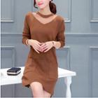 Lace-panel Knit Dress Coffee - One Size