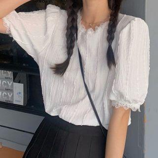 Round Neck Lace Chiffon Short Sleeve Top