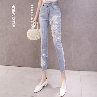Floral Embroidered Rhinestone Cropped Skinny Jeans