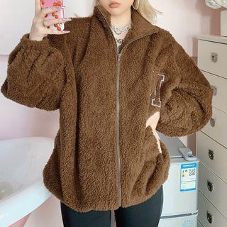 Chenille Lettering Zip Up Long Sleeve Jacket
