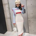 Contrast Trim Long-sleeve Knit Midi Sheath Dress As Shown In Figure - One Size