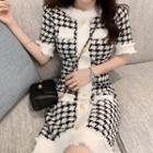 Short-sleeve Houndstooth Slim-fit Knit Dress As Shown In Figure - One Size