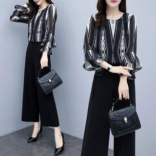 Set: 3/4-sleeve Chiffon Top + Cropped Wide-leg Pants