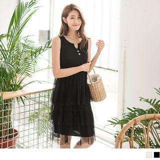 Mesh Overlay Ruffle Sleeveless Midi Dress