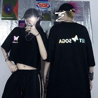 Couple Matting Short-sleeve Butterfly Print T-shirt