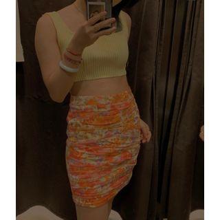 Long-sleeve Floral Print Top / Mini Fitted Skirt
