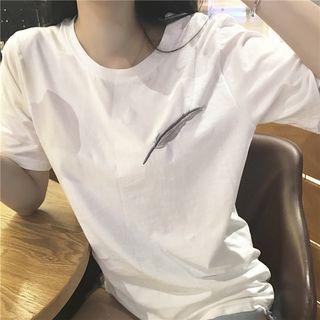 Feather Embroidered Round-neck Loose-fit Short-sleeve T-shirt