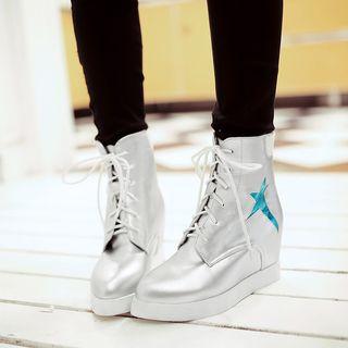 Star Applique Hidden Wedge Lace-up Short Boots