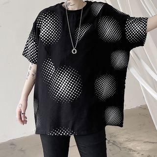 Elbow-sleeve Dot Print T-shirt
