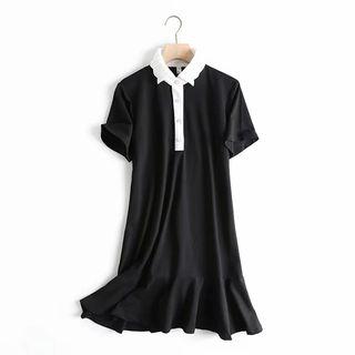 Short-sleeve Perforated Knit Collar Paneled A-line Polo Dress