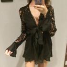 Lace Panel Long-sleeve Deep V-neck Chiffon Playsuit