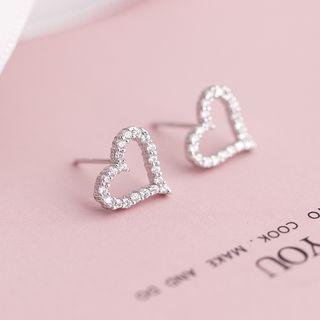 925 Sterling Silver Rhinestone Heart Stud Earring 1 Pair - As Shown In Figure - One Size