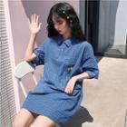 Embroidered Checked Elbow-sleeve Polo Shirt Dress