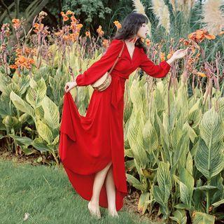 Set: Long-sleeve Plain Top + A-line Maxi Skirt