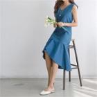 Sleeveless Asymmetric Ruff-hem Dress Blue - One Size