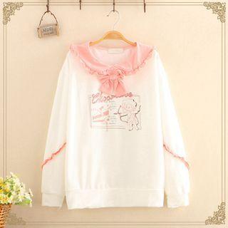 Ruffled Collar Bow-detail Cupid Print Pullover White - One Size