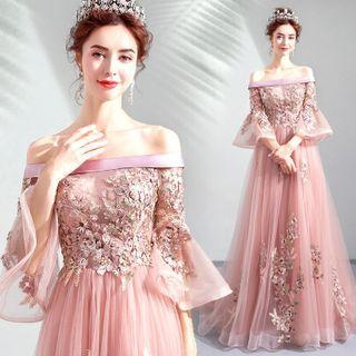 Off-shoulder Flower Embroidered Sheath Evening Gown