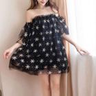 Elbow-sleeve Star Patterned Mesh Mini Dress