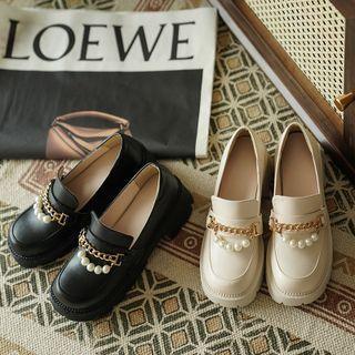 Chain Faux Pearl Chunky Heel Loafers