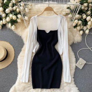 Set Of 2 : Long-sleeve Cardigan + Plain Spaghetti-strap Dress