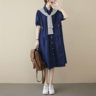 Mock Two-piece Denim Dress Blue - One Size