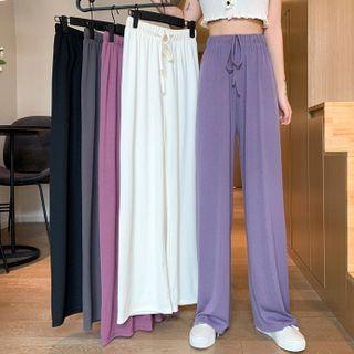 High-waist Plain Elastic-waist Wide-leg Pants