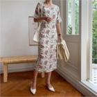 Square-neck Floral Print Midi Dress Ivory - One Size