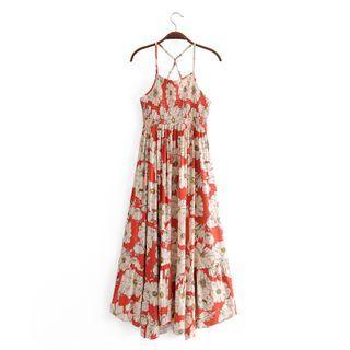 Spaghetti-strap Flower Print Midi A-line Dress