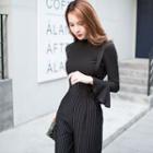 Set: Plain Long Sleeve Knit Top + Pinstriped Suspender Wide Leg Pants