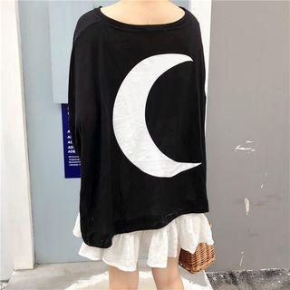 Long-sleeve Moon Print Oversized T-shirt