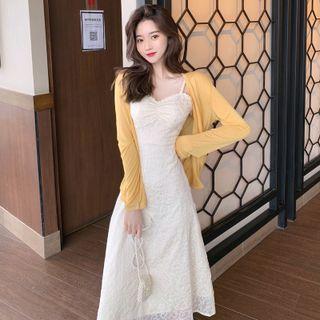 Set: Cropped Camisole Top + Midi A-line Skirt + Cardigan