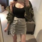 Ruffle Trim Pencil Skirt Gray - One Size