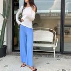 Plain Cutout Long-sleeve Slim-fit Top / Loose-fit Pants