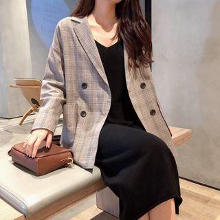 Plaid Blazer / Side Slit Midi Spaghetti Strap Dress