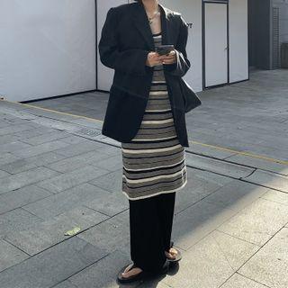 Striped Knit Tank Dress / Long-sleeve Plain Blazer
