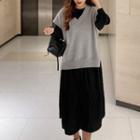 Long-sleeve Midi Shift Dress / V-neck Knit Vest / Set