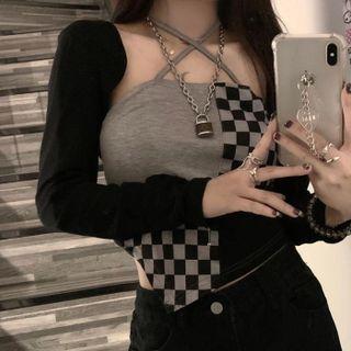 Asymmetrical Checker Print Camisole Top / Crop Jacket / Wide Leg Jeans