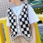 V-neck Checkerboard Pattern Knit Vest