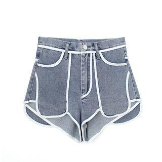 High-waist Contrast Trim Denim Hot Pants