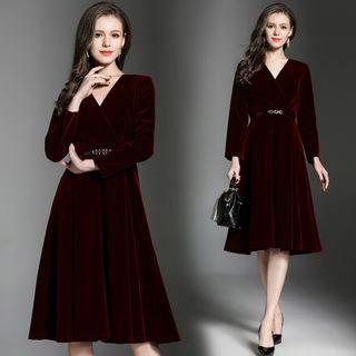 Long-sleeved Tie-waist A-line V-neck Plain Long Sheath Dress