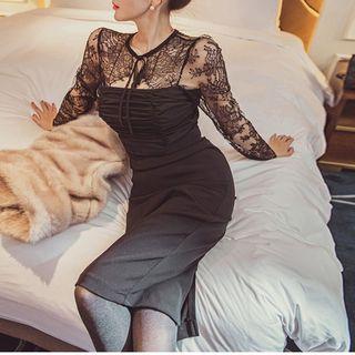 Lace-sleeve Ruched Sheath Dress