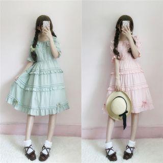 Elbow-sleeve Frilled Trim Midi Dress